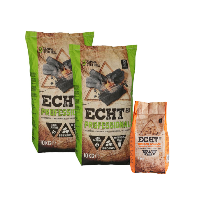 2x ECHT Professional Houtskool 10kg + 1x ECHT Aanmaakwokkels 32 st.