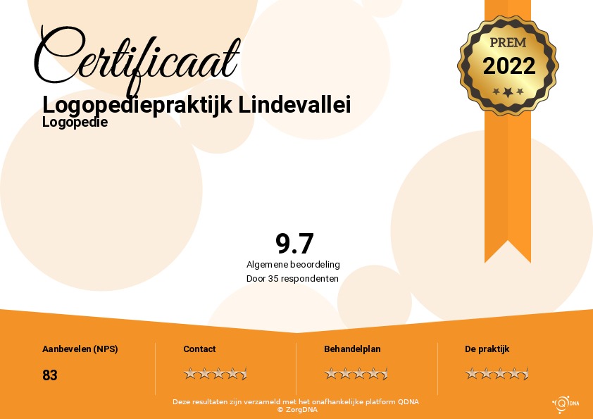 Certificaat Lindevallei algemene beoordeling KEO: 9.7 (door 35 respondenten)